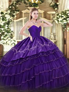 Suitable Purple Sleeveless Floor Length Embroidery and Ruffled Layers Zipper Quinceanera Dresses