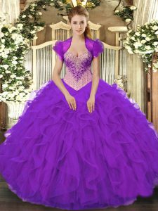 Deluxe Floor Length Purple 15th Birthday Dress V-neck Sleeveless Lace Up