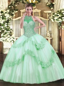 Sleeveless Tulle Floor Length Lace Up Sweet 16 Quinceanera Dress in Apple Green with Beading and Appliques