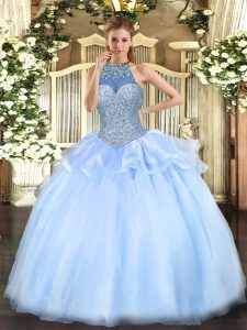 Glittering Floor Length Blue 15 Quinceanera Dress Tulle Sleeveless Beading