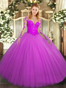 Simple Fuchsia Ball Gowns Scoop Long Sleeves Tulle Floor Length Lace Up Lace Sweet 16 Dresses