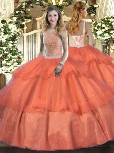 Spectacular High-neck Sleeveless Tulle Sweet 16 Dresses Beading and Ruffled Layers Lace Up