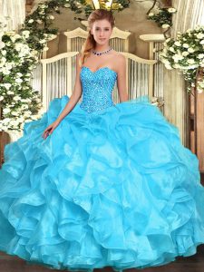 Aqua Blue Ball Gowns Sweetheart Sleeveless Organza Floor Length Lace Up Beading and Ruffles Vestidos de Quinceanera