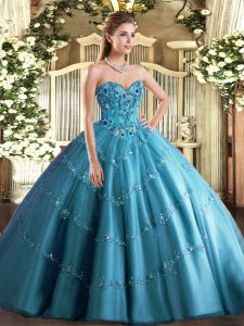 Floor Length Teal Quinceanera Dress Tulle Sleeveless Appliques and Embroidery