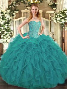 Custom Designed Turquoise Tulle Lace Up Quinceanera Gowns Sleeveless Floor Length Beading and Ruffles