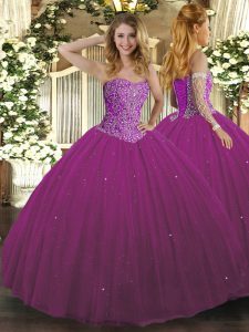 Affordable Fuchsia Tulle Lace Up Sweetheart Sleeveless Floor Length 15 Quinceanera Dress Beading