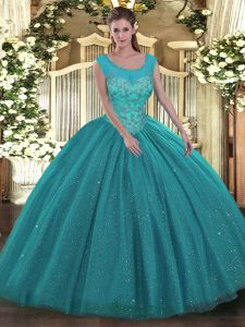 Sexy Teal Sleeveless Beading Floor Length 15 Quinceanera Dress