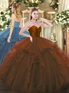 Brown Tulle Zipper Quinceanera Dresses Sleeveless Floor Length Ruffles