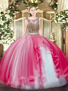 Fancy Floor Length Two Pieces Sleeveless Coral Red Sweet 16 Quinceanera Dress Lace Up