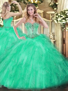 Best Apple Green Ball Gowns Beading and Ruffles Sweet 16 Dresses Lace Up Tulle Sleeveless Floor Length