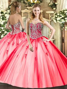 Adorable Coral Red Tulle Lace Up Sweetheart Sleeveless Floor Length Ball Gown Prom Dress Beading and Appliques