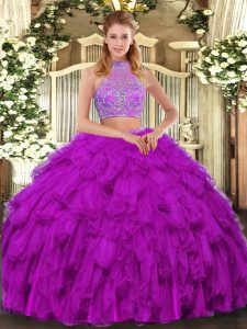 Fuchsia Halter Top Neckline Beading and Ruffled Layers Quinceanera Dresses Sleeveless Criss Cross