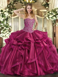 Floor Length Wine Red Quinceanera Dresses Organza Sleeveless Beading and Ruffles