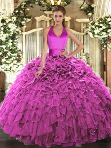 Fuchsia Quinceanera Dress Military Ball and Sweet 16 and Quinceanera with Ruffles Halter Top Sleeveless Lace Up