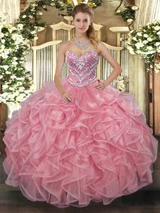 Smart Pink Sleeveless Tulle Lace Up Quince Ball Gowns for Military Ball and Sweet 16 and Quinceanera