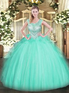 Affordable Scoop Sleeveless Vestidos de Quinceanera Floor Length Beading Apple Green Tulle