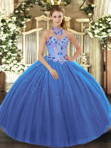 Fashionable Sleeveless Tulle Floor Length Lace Up Sweet 16 Quinceanera Dress in Blue with Embroidery