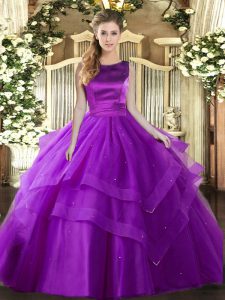 Stunning Sleeveless Floor Length Ruffled Layers Lace Up Sweet 16 Dresses with Eggplant Purple