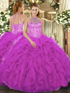 Spectacular Halter Top Sleeveless Lace Up Sweet 16 Dress Fuchsia Organza