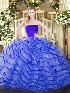 Blue Sweet 16 Quinceanera Dress Tulle Brush Train Sleeveless Ruffles