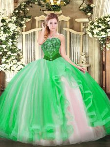 Fashionable Tulle Sleeveless Floor Length Quince Ball Gowns and Beading and Ruffles