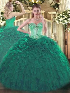 Custom Designed Turquoise Sleeveless Floor Length Beading and Ruffles Lace Up Quinceanera Gowns