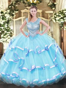 Hot Selling Aqua Blue Ball Gowns Scoop Sleeveless Organza Floor Length Lace Up Beading and Ruffled Layers Sweet 16 Dress