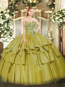 Designer Olive Green Sleeveless Floor Length Beading and Ruffled Layers Lace Up Quinceanera Gown