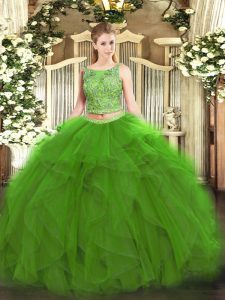 Beading and Ruffles Quince Ball Gowns Green Lace Up Sleeveless Floor Length