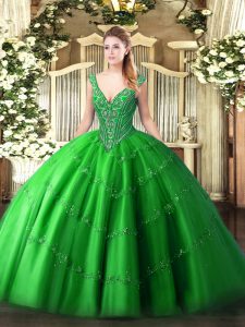 Glorious Green Lace Up V-neck Beading and Appliques Sweet 16 Dresses Tulle Sleeveless