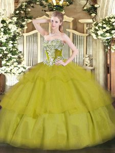 Olive Green Ball Gowns Beading and Ruffled Layers Sweet 16 Dresses Lace Up Tulle Sleeveless Floor Length