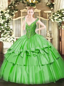 Ball Gowns Quinceanera Gown V-neck Organza and Taffeta Sleeveless Floor Length Lace Up