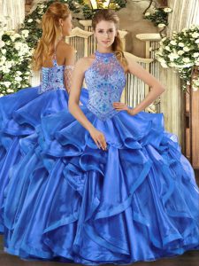 Stunning Blue Sleeveless Organza Lace Up Quinceanera Gown for Sweet 16 and Quinceanera