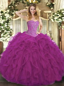 Low Price Fuchsia Ball Gowns Beading and Ruffles Quinceanera Gowns Lace Up Tulle Sleeveless Floor Length