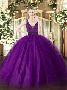 Fancy Tulle Straps Sleeveless Zipper Beading Sweet 16 Quinceanera Dress in Purple