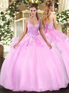 Pink Organza Lace Up Sweet 16 Dress Sleeveless Floor Length Beading