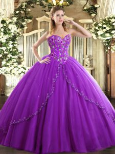 Artistic Eggplant Purple Sweetheart Neckline Appliques and Embroidery 15th Birthday Dress Sleeveless Lace Up