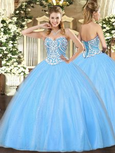 Customized Aqua Blue Lace Up Sweetheart Beading Quince Ball Gowns Tulle Sleeveless