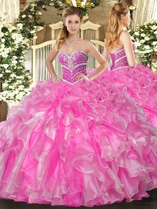 Sleeveless Floor Length Beading and Ruffles Lace Up Vestidos de Quinceanera with Rose Pink