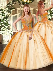 Elegant Gold Lace Up Sweetheart Beading Quinceanera Gowns Tulle Sleeveless