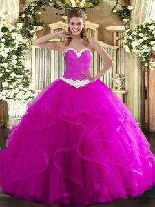 Fuchsia Sleeveless Tulle Lace Up Quinceanera Dresses for Military Ball and Sweet 16 and Quinceanera