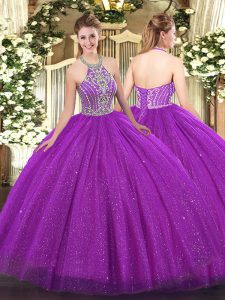 Low Price Halter Top Sleeveless Quinceanera Dress Floor Length Beading Fuchsia Tulle