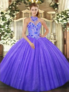 Fabulous Tulle Halter Top Sleeveless Lace Up Beading and Embroidery Quinceanera Dresses in Purple