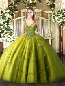 Ball Gowns Ball Gown Prom Dress Olive Green V-neck Tulle Sleeveless Floor Length Lace Up