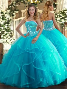 Aqua Blue Strapless Lace Up Beading and Ruffles Sweet 16 Dresses Sleeveless