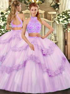 Decent Floor Length Lavender Sweet 16 Dress Tulle Sleeveless Beading and Lace and Ruffles