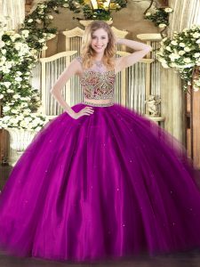 Fashionable Floor Length Two Pieces Sleeveless Fuchsia Quince Ball Gowns Lace Up