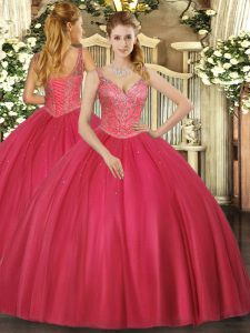 Red Lace Up V-neck Beading Sweet 16 Dress Tulle Sleeveless