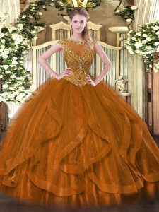 Floor Length Zipper Sweet 16 Dresses Brown for Sweet 16 and Quinceanera with Beading and Ruffles