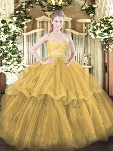 Customized Zipper Sweet 16 Dress Gold for Military Ball and Sweet 16 and Quinceanera with Beading and Lace and Ruffled Layers Brush Train